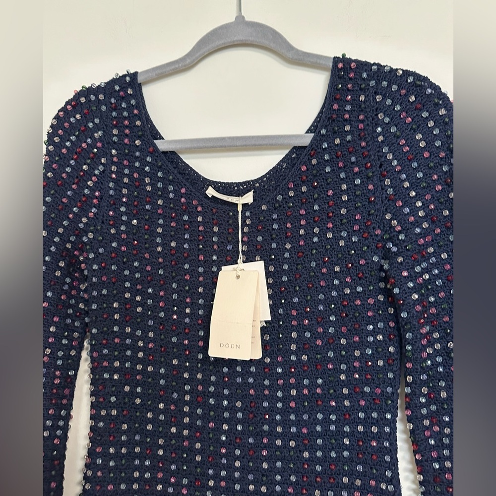 DOEN Dress  Navy Blue Solandis Knitted Beaded Mini Short NWT Small - Picture 8 of 13